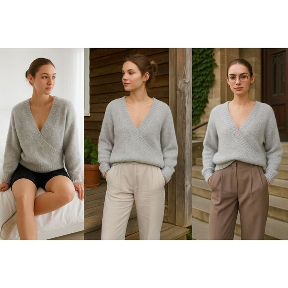 Urban Outfitters Women Gray Fuzzy V-Neck Sweater M Clean Girl Light Academia - Picture 1 of 14